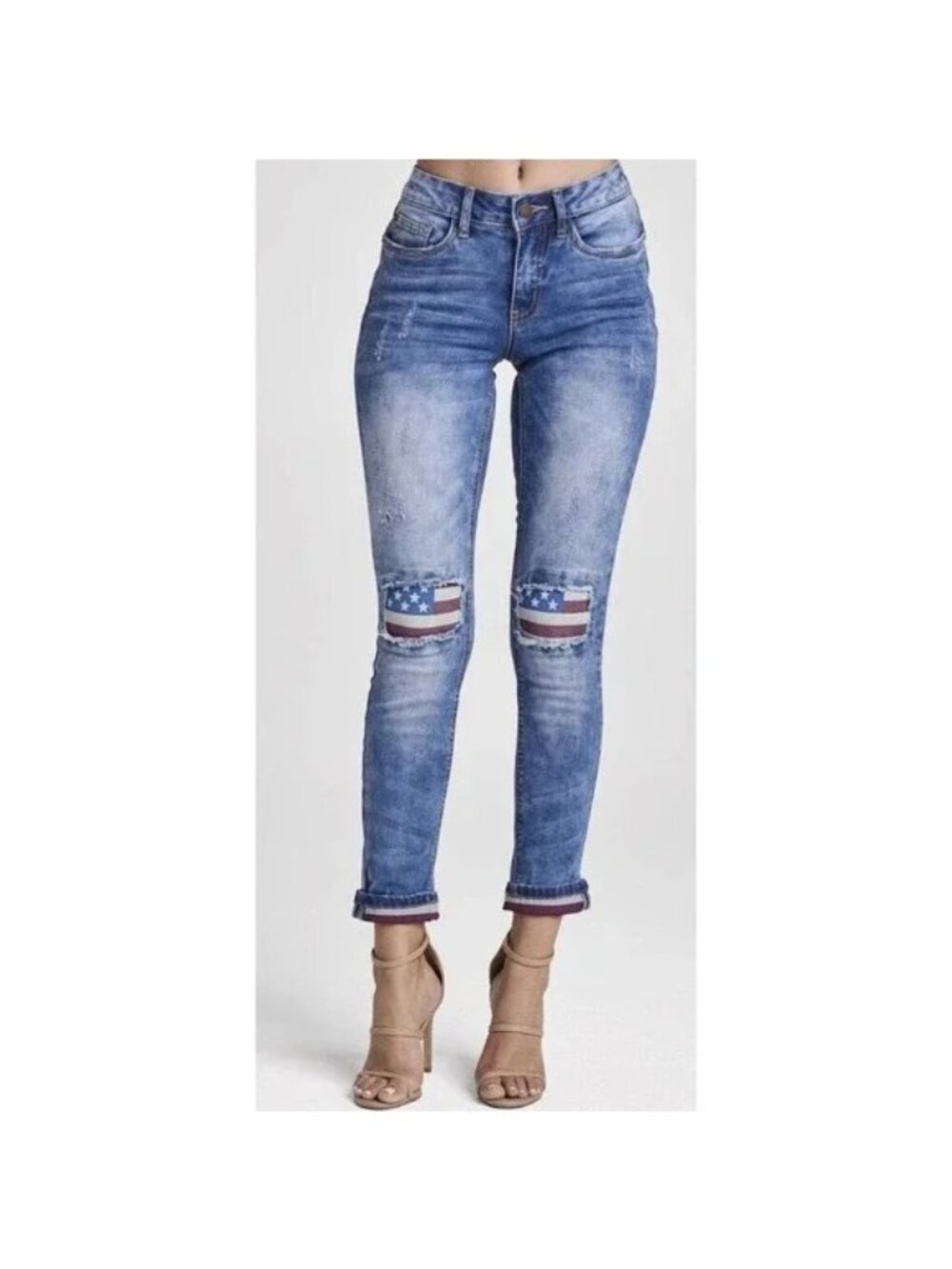Venus Jeans Women's 2 USA Flag Patriotic Patches Denim Acid Wash Distressed